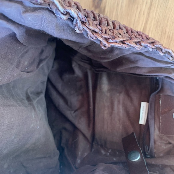 Brown Macrame Beach Bag Leather Strap Linen Lined Women’s Purse Satchel Preloved - Picture 4 of 5